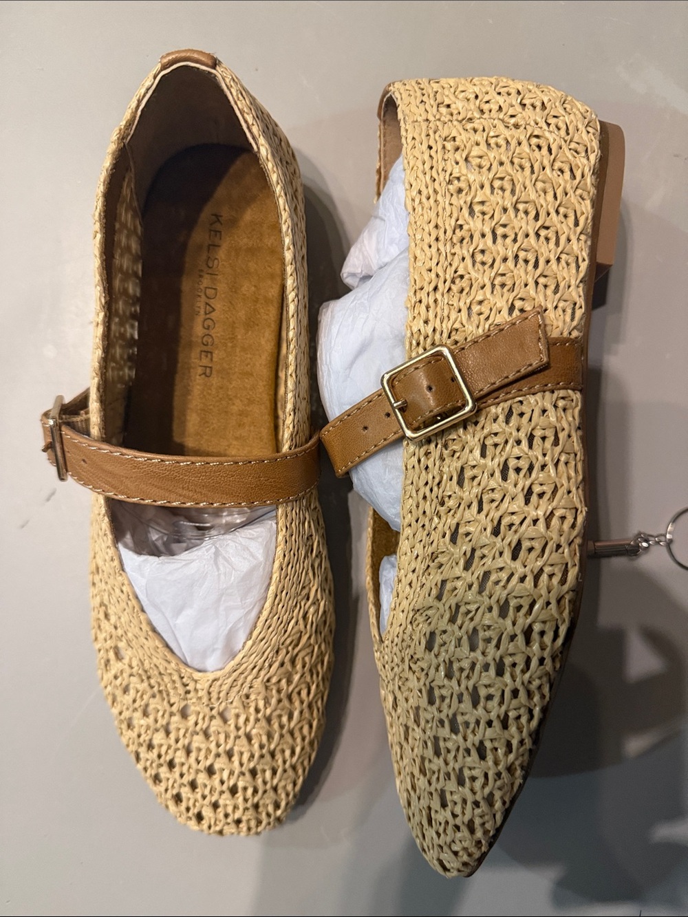Kelsi Dagger Natural Woven Mary Jane Flats in Tan with Gold Buckle